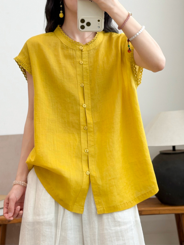 42-Count Pure Ramie Lace Collar Flutter Sleeve Shirt 2026 Summer New Style Lightweight Solid Color Slimming Top for Women 2636 42-Count Pure Ramie Lace Collar Flutter Sleeve Shirt 2026 Summer New Style Lightweight Solid Color Slimming Top for Women 2636