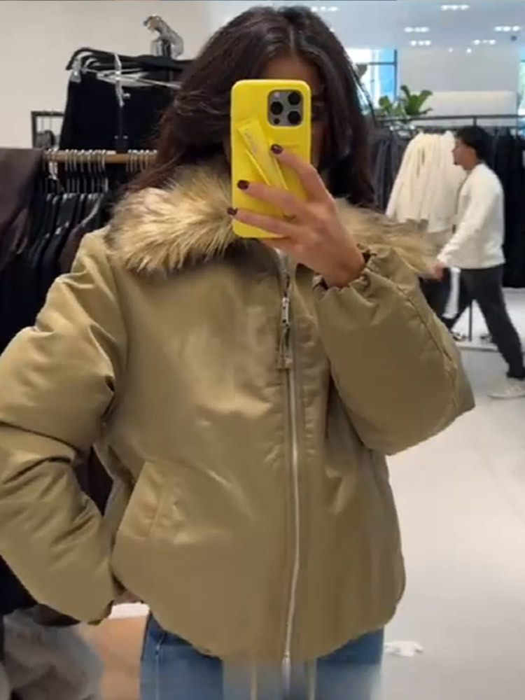 Chaqueta con Cremallera y Cuello de Peluche de Poliéster Holgada