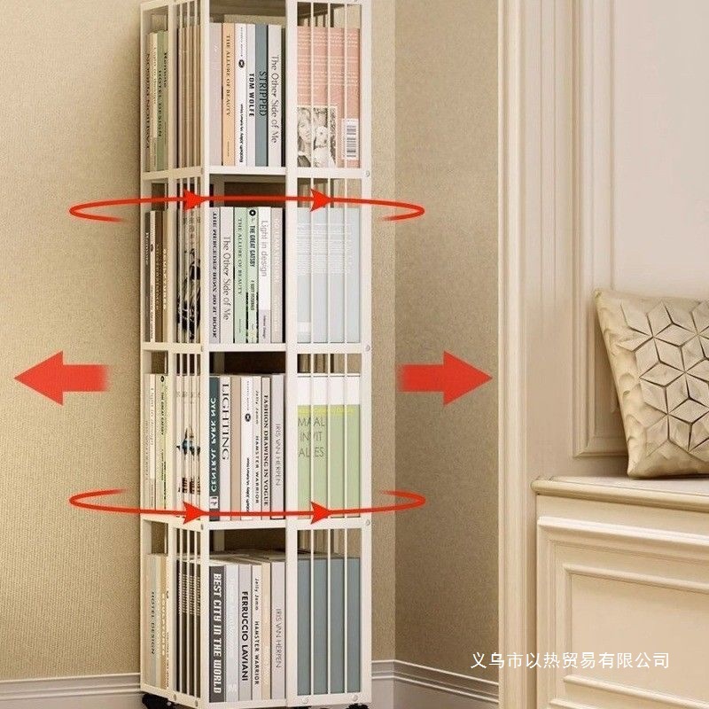 Rotating Storage Rack 360 Bookcase Home Student Floor-Standing Simple Storage Wheeled Iron Corner Bookshelf Mobile