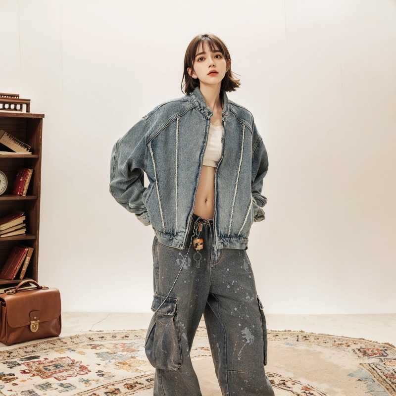 Demi-season retro denim short jacket for men and women
