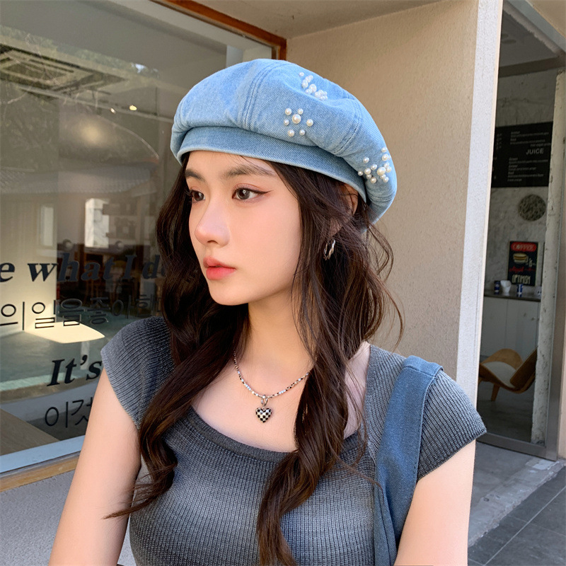 Boina de vaquero coreana para mujeres nuevas cara pequeña gorra pintora primavera y otoño red red inns moda perla decoración brilla