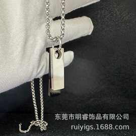 跨境极简主义男士不锈钢双牌可刻字吊坠项链时尚百搭高级感毛衣链