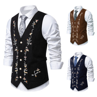Amazon 2025 New Men's Fashion Contrast Embroidered Suit Vest Men's Fashion Single-Breasted Jacket Trendy Vest