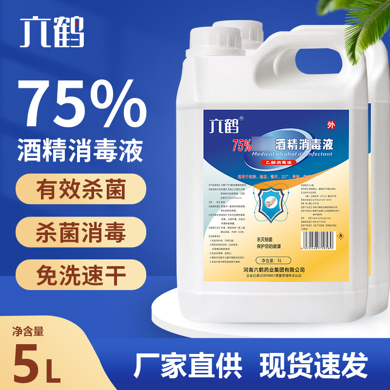 酒精75度大桶六鹤5L消毒液皮肤杀菌抑菌消毒75%乙醇消毒水75度5升