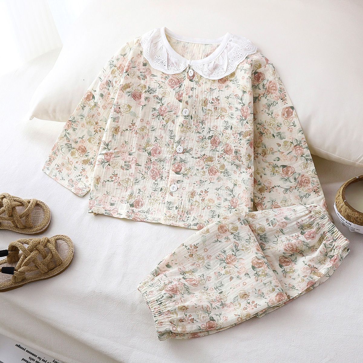 Conjunto de pijamas para niños, nuevo verano, hilo de algodón de grado A, algodón puro para niños, ropa de casa de manga larga para niñas, ropa infantil al por mayor