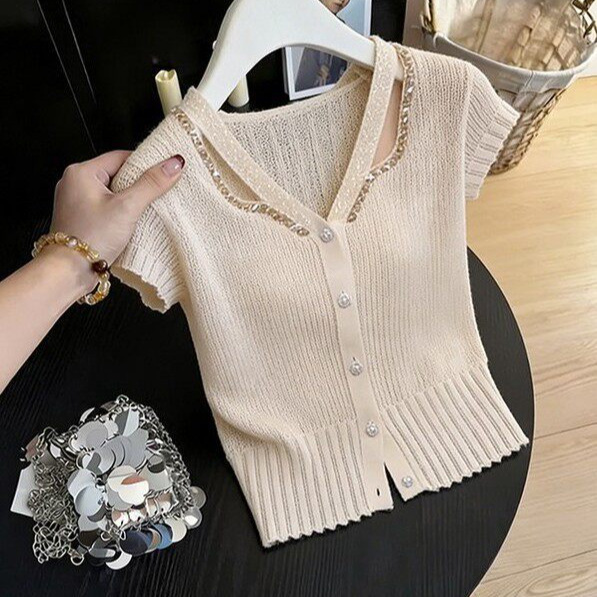 Chanel-Style Heavy-Duty Rhinestone-Embellished Hollow-Out V-Neck Knitted Short-Sleeve T-Shirt for Women, New Summer Trendy Youthful Top A11665