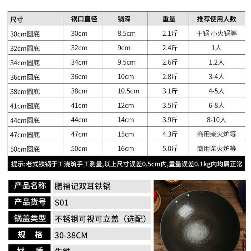鋳鉄鍋伝統的な昔ながらの丸底双耳鋳鉄中華鍋農村家庭用ガスストーブ無塗装ノンスティック鍋工場|undefined