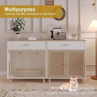 Wooden Hidden Cat Litter Box Living Room Two-In-One with Drawer Hair Scraper Door Cat House Multi-Purpose Storage Cabinet