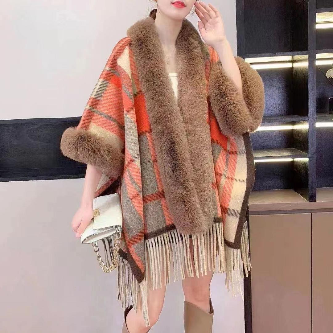Lockerer Wollkragen mit kariertem Quasten-Strickschal-Umhang in großer Größe, Strickjacke, Pullover, Mantel für Damen_voghion.com