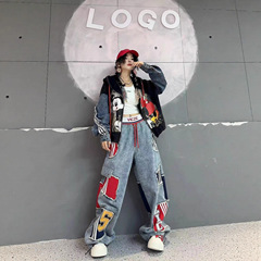 欧货卫衣女2025秋季新款个性卡通字母印花拼接牛仔袖宽松毛边夹克