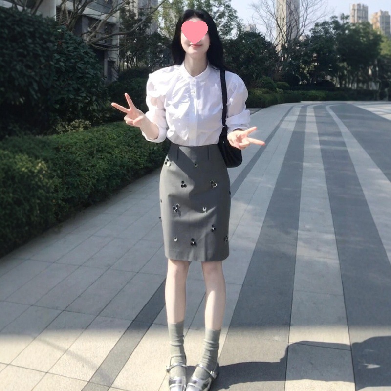 跨境灰色钉珠亮片西装半身裙女夏季直筒裙气质修身裙子轻奢通勤短|undefined