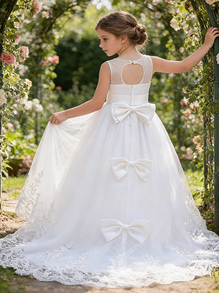 Vestido de noche formal para niñas, estilo princesa, con malla, encaje y pedrería, cola larga, transfronterizo.