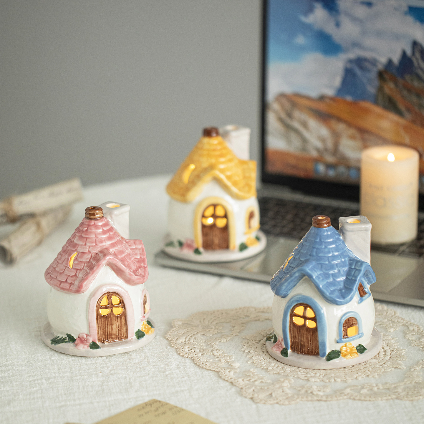 Casa de cerámica pastoral en la casa de viento lámpara de noche noche noche de la cama de la atmósfera de la chica amiga regalos de cumpleaños decoración adornos