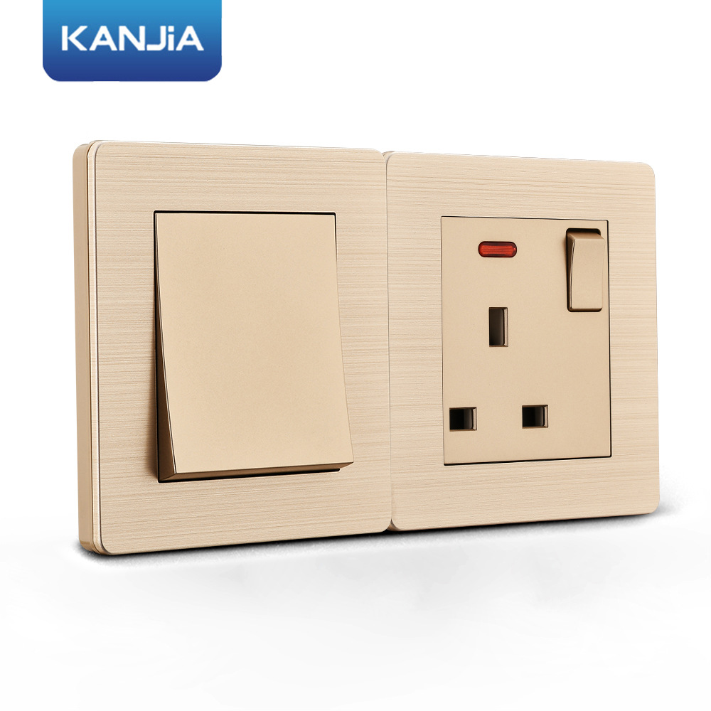 外贸86型方角英式英规插座铝镁面板一开13A带指示灯香港英标插座
