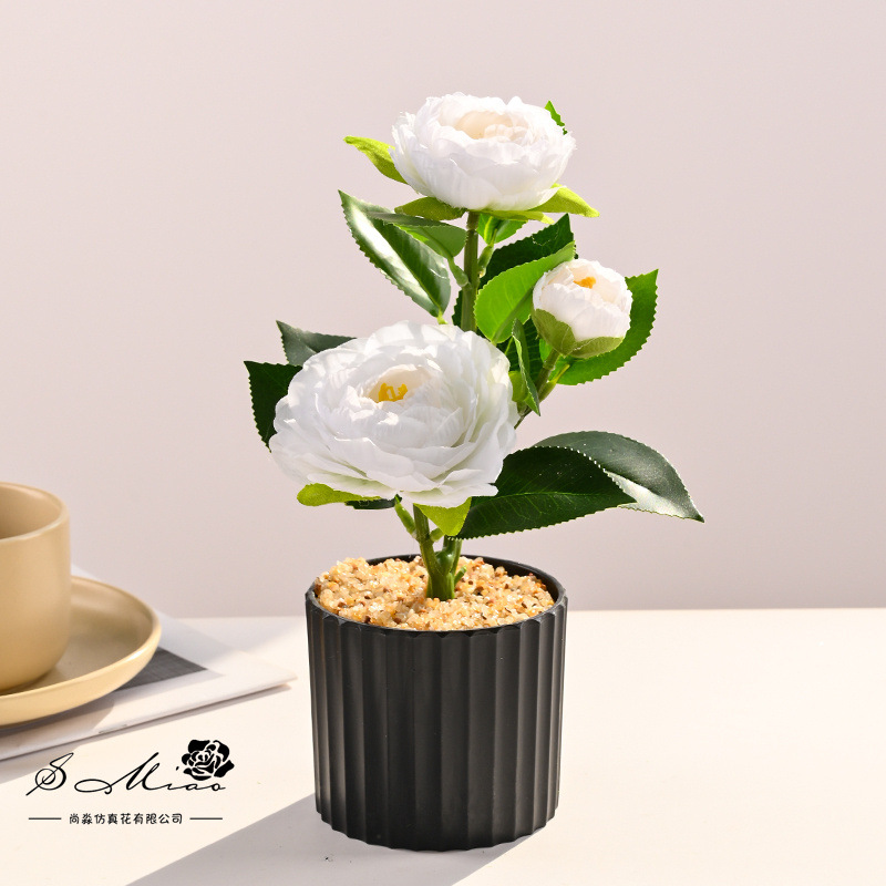 Bonsai pequeño de camelia de tres cabezas transfronterizo, flores de simulación creativa, decoración de estudio fotográfico para el hogar, plantas verdes artificiales, plantas en macetas de simulación image 3
