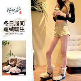 毛绒绒短靴女款加绒雪地靴绑带毛毛靴冬季女鞋保暖中筒靴工厂直发