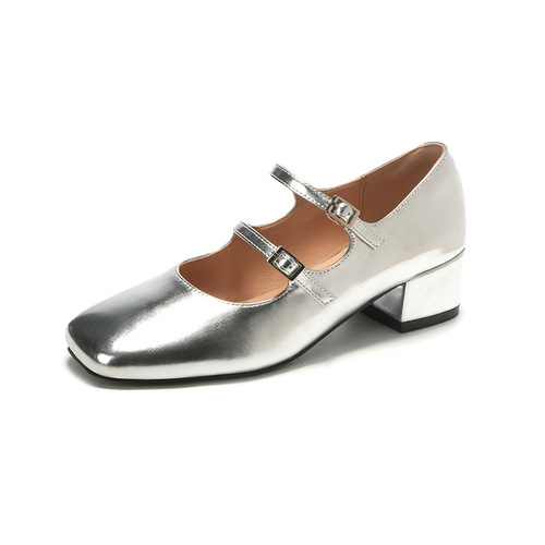  New Spring and Autumn French Silver One-Buckle Medium Heel Shallow Mouth Square Toe Mary Jane Women's Shoes Thick Heel Single Shoes for Women