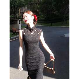 赫本风性感黑色蕾丝立领开叉连衣裙女夏季气质女神范收腰显瘦长裙