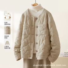 小香风菱形格棉服女款轻薄款圆领秋冬季新款白色洋气小个子绒杏色