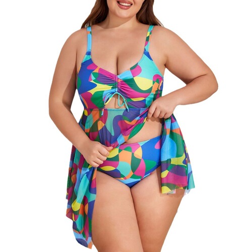Plus-size European and American curvy women's swimsuit: Sexy mesh dress-style two-piece set