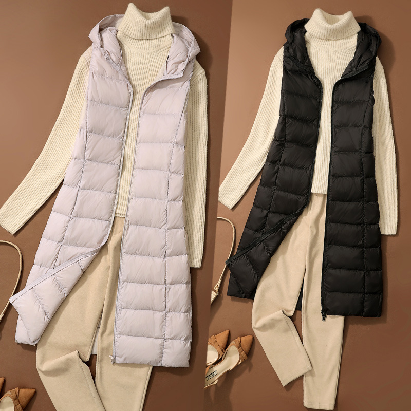 Cross-Border Autumn and Winter New Lightweight down Vest for Women, Extended Length over the Knee, Korean Style Slim Fit and Versatile Hooded Vest