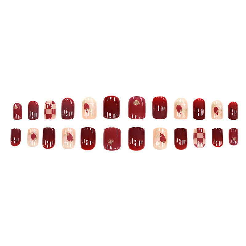 Uñas portátiles, uñas postizas desmontables, pegatinas de uñas rojas de amor blanco, tablero de ajedrez, uñas portátiles