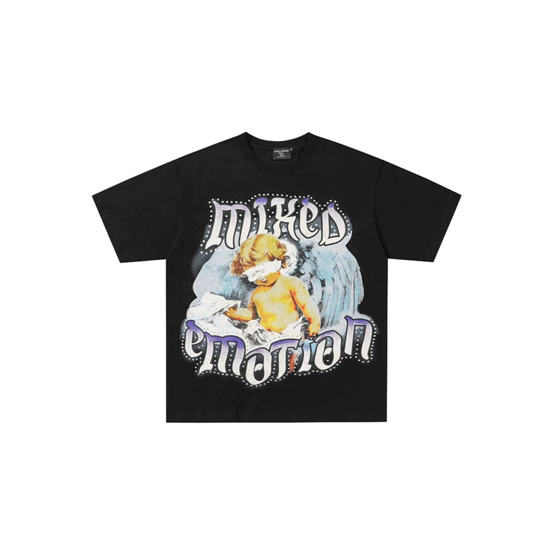 American High Street Style Angel Oil Painting Rhinestone Short-Sleeve T-Shirt with Gothic Letter Print, Unisex Loose Fit American High Street Style Angel Oil Painting Rhinestone Short-Sleeve T-Shirt with Gothic Letter Print, Unisex Loose Fit