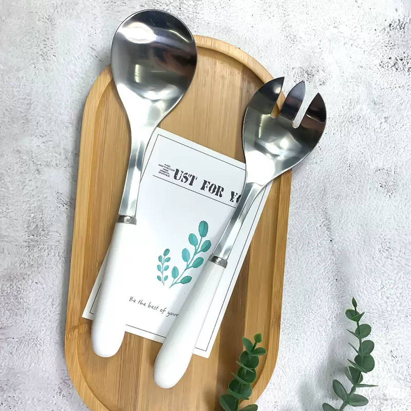 欧美不锈钢沙拉勺叉餐具套装创意可定陶瓷手柄家用酒店甜品公用勺