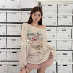 ME KAKAMEE十三行秋甜辣卡通喷画彩纱蕾丝斜肩长袖T恤针织衫S3573