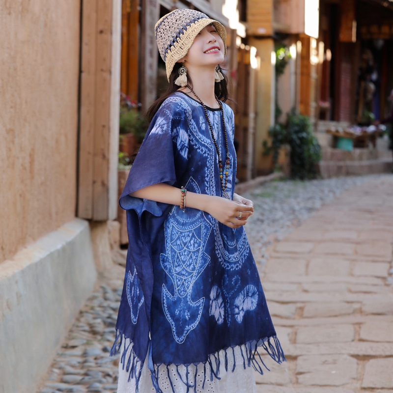 Primavera y otoño estilo étnico teñido a mano borla de algodón y lino sensación bufanda de seda Yunnan viaje chal exterior suelto Cabo