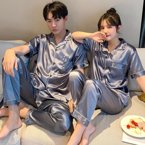 Increase the code couple's pajamas for men in spring and summer, ice silk thin short-sleeved long pants set for women, cool feeling loose home clothes