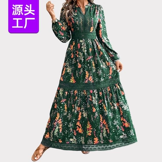 TIKTOK夏季女士印花长裙复古蕾丝拼接收腰立领长袖大摆连衣裙批发