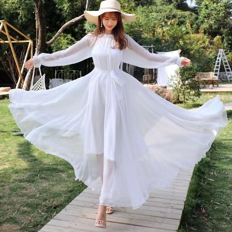 Chiffon Dress Summer Sanya Large Size Extra Long Travel Dress Beach Dress Super Fairy Long Dress Thailand Seaside Vacation Dress Chiffon Dress Summer Sanya Large Size Extra Long Travel Dress Beach Dress Super Fairy Long Dress Thailand Seaside Vacation Dress