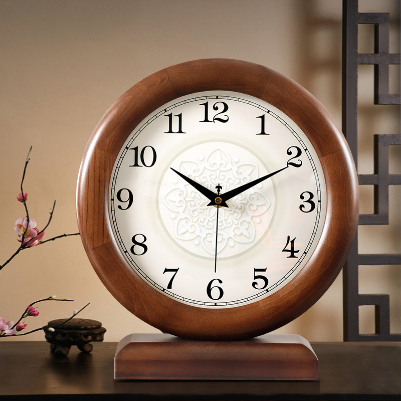 2024 New Solid Wood Table Clock Living Room Retro Table Clock Silent Clock New Chinoiserie Large Font Quartz Clock for the Elderly