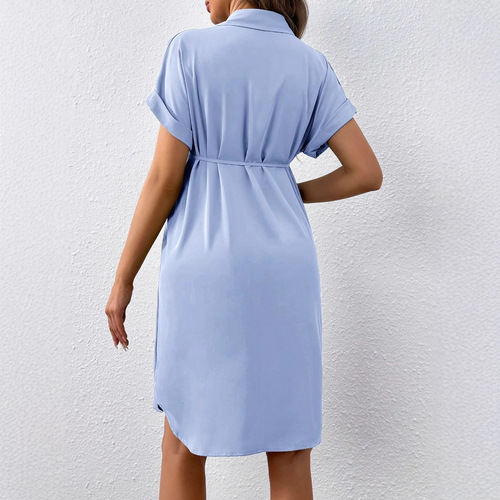 European and American maternity summer short-sleeve buttoned casual maternity skirt with stylish belt, maternity dress