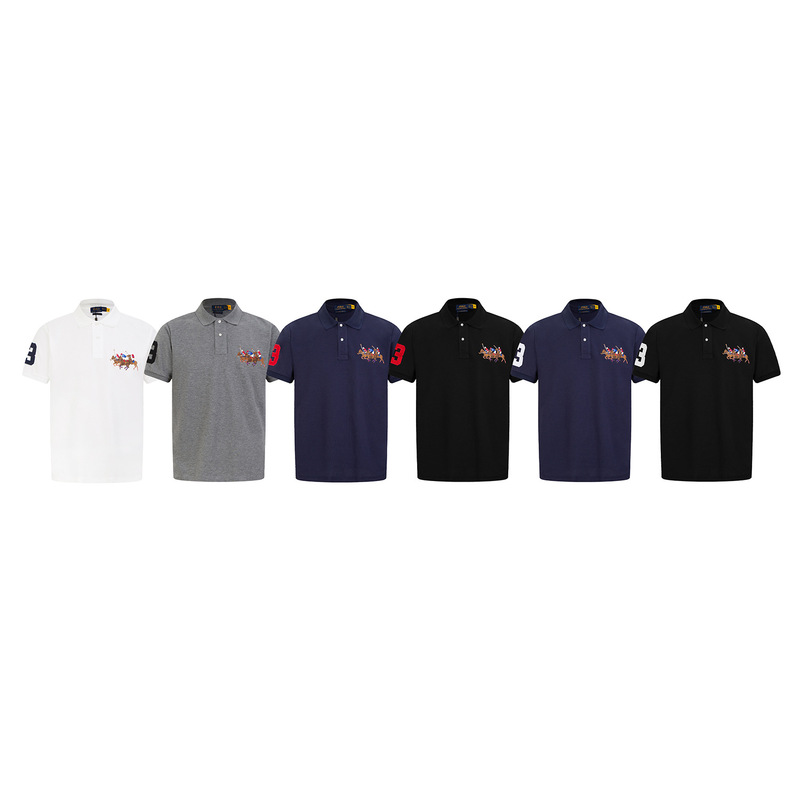 New Summer Ralph Lauren Product: Polo Shirt with Three Horses Embroidered Logo - Size 3, Solid Color Short-Sleeve