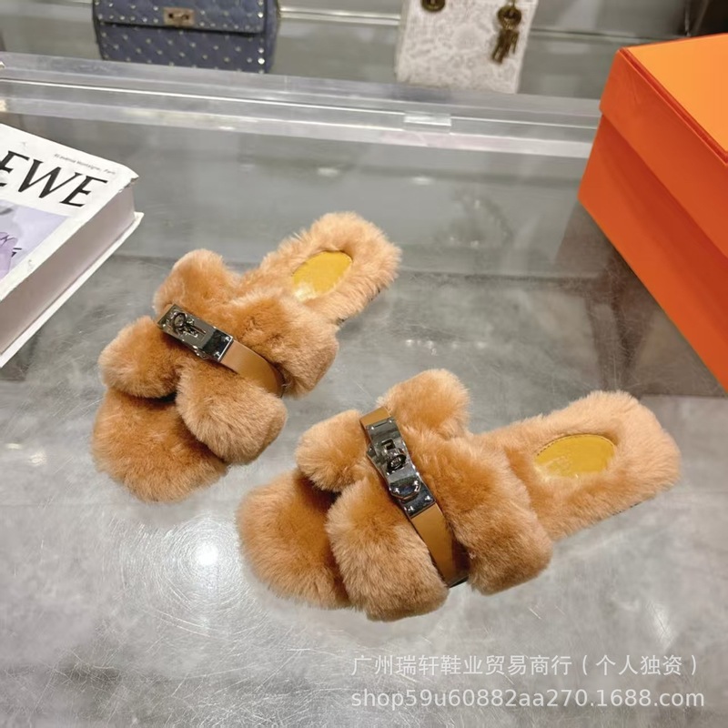欧站外贸2025新款高端高颜值金属扣毛毛拖鞋女皮毛一体外穿一字拖|undefined