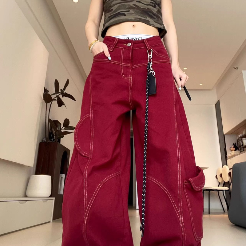 American Retro Red Scimitar Jeans for Women with Deconstructed Topstitch Design, Loose Casual Wide-Leg Floor-Length Pants