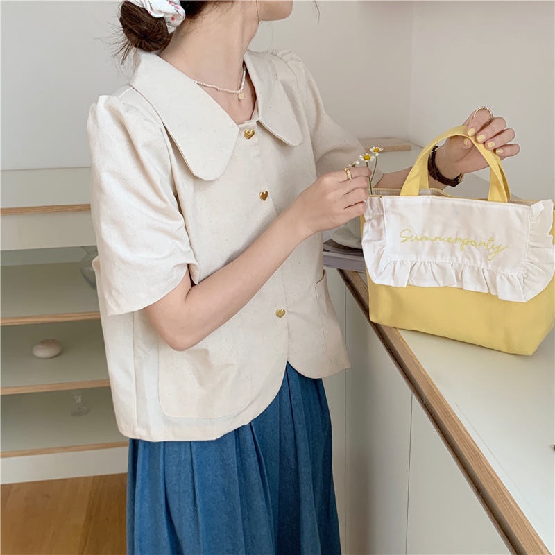 1441 Japanese and Korean chic Sweet ruffled bento Bag, Fresh embroidered hand-held small cloth bag, girl student bag wholesale undefined
