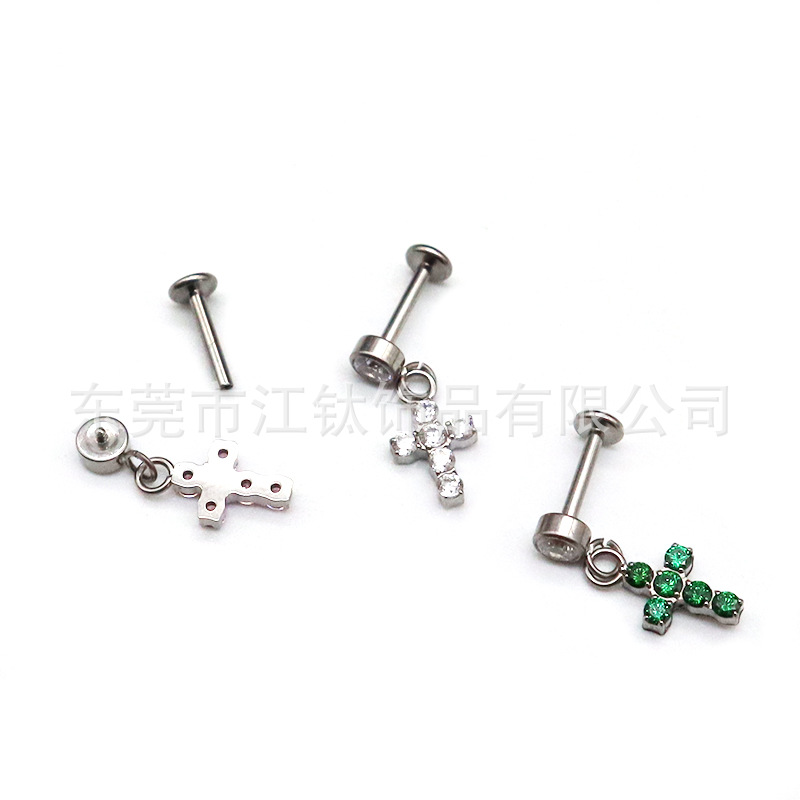 F136 Titanium Stud Earring Cylindrical Cross Pendant Inlaid 5A Zircon G23 Titanium Alloy Body Piercing Ear Bone Stud detail image 7