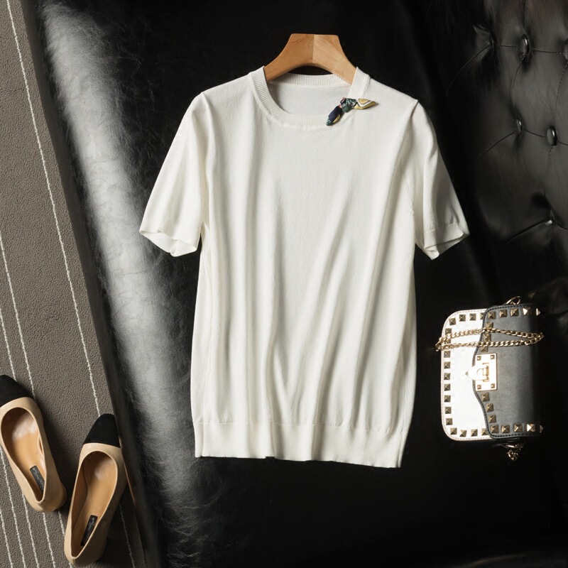 Elegant and beautiful stewardess feeling small bow tie round neck short sleeve sweater top women's 21 spring and summer