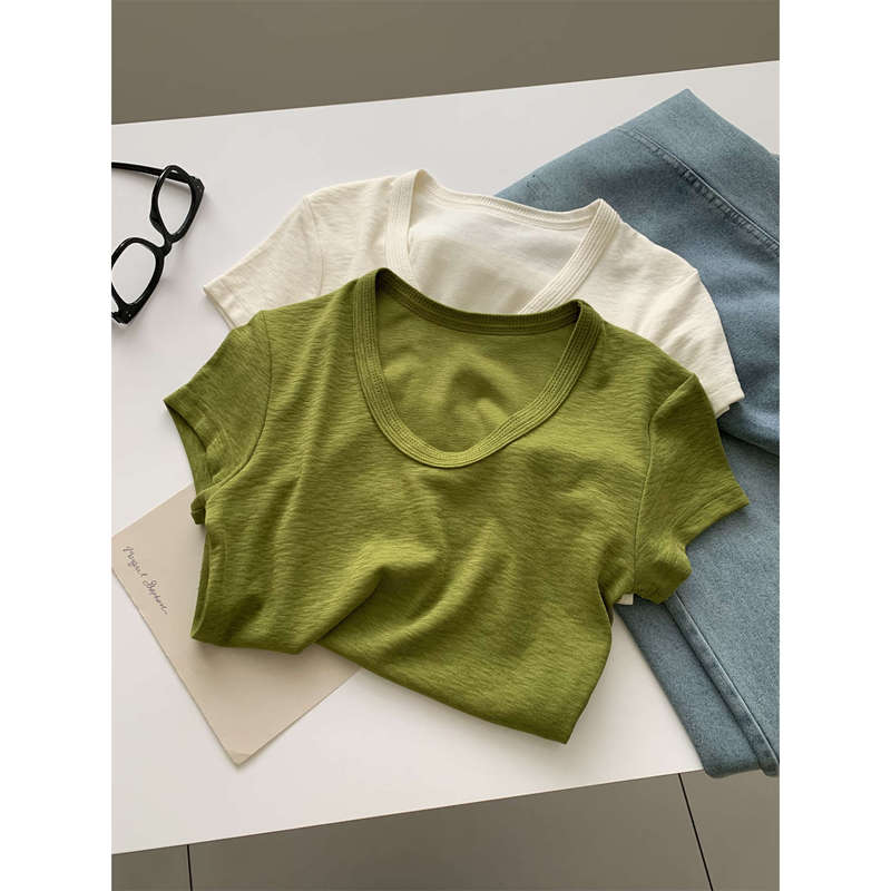 Vintage Avocado Short-Sleeve Large U-Neck Embellished Neckline Base Shirt for Women, Summer Thin Tencel Breathable Regular Shoulder T-Shirt Vintage Avocado Short-Sleeve Large U-Neck Embellished Neckline Base Shirt for Women, Summer Thin Tencel Breathable Regular Shoulder T-Shirt