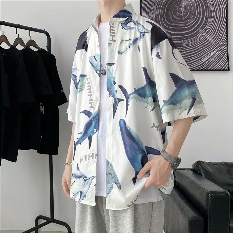 Camisa de manga corta de verano de los hombres perezoso estilo ruffle guapo ins estilo de Hong Kong marca de moda delgada capa media manga camisa 1239