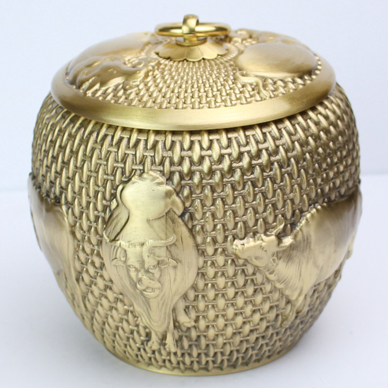 【Paiyuan Copper Ware】Five Oxes Bringing Good Fortune Full Copper Five Ox Tea Caddy for Gift Celebrating Birthday Exquisite Money Bank