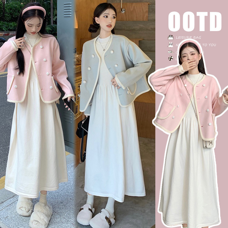 Pregnant Women's Semi-high Collar Knitted Long-sleeved dress Chanel Style Wool Jacket Autumn Fashion Beautiful suit
