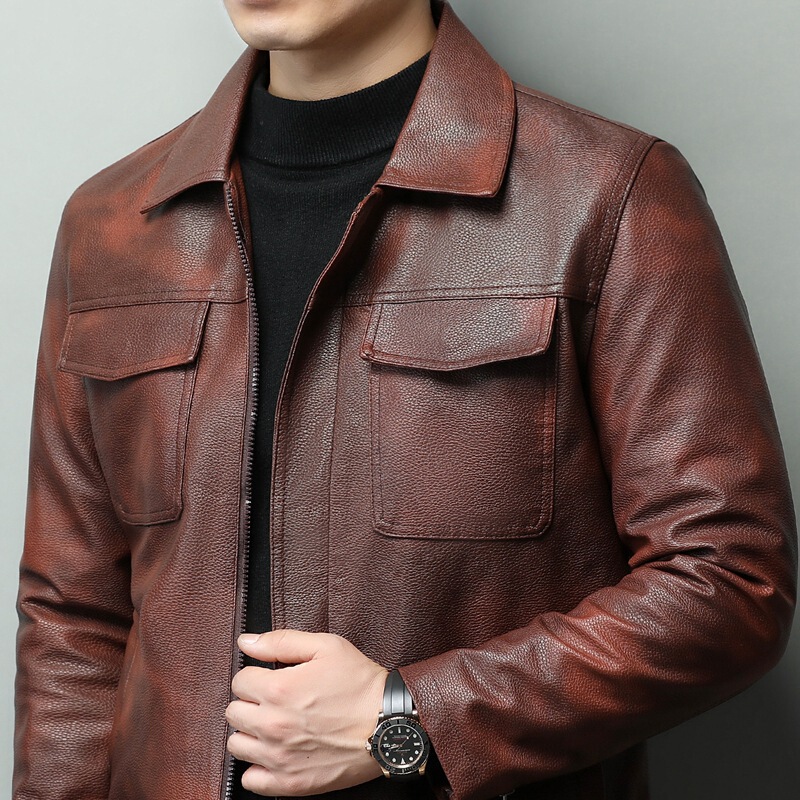 Old Cowhide Jacket Leather Jacket Retro Khaki Leather Pattern Leather Jacket Lapel Casual Good Ami Explosions Men's Real Motorcycle