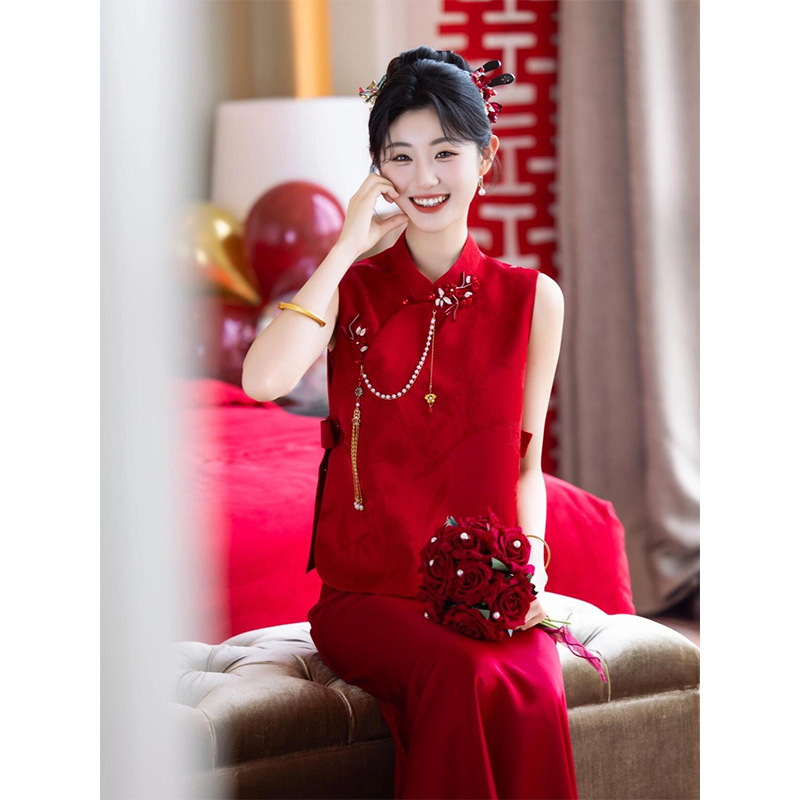 新中式订婚礼服旗袍敬酒服新娘2025新款红色晨袍女高级感回门便装|undefined