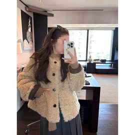 单排扣宽松短款女冬圆领皮毛一体毛毛外套仿皮草贡米色图片黑氨纶