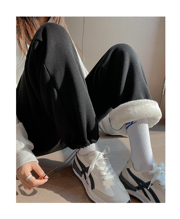 Super thick lambskin wide-leg pants, grey outerwear, thickened winter sports pants, drawstring cuffs, fleece sweatpants for women pic 24
