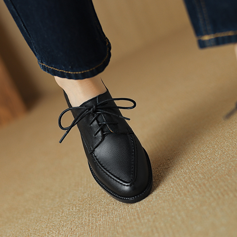 Giày da nữ cổ điển mũi nhọn buộc dây gót vuông 5 cm phong cách Anh — Màu nâu chi tiết 3